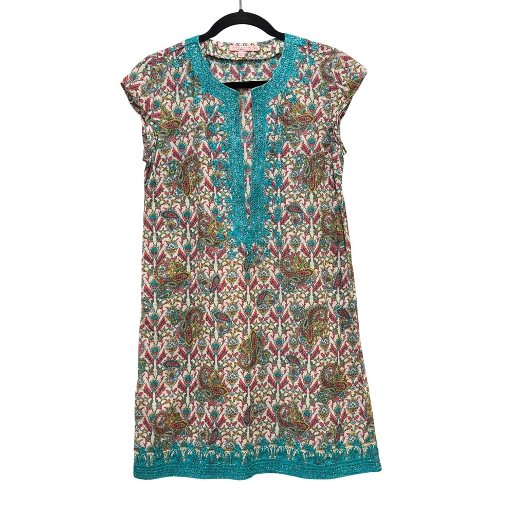 Calypso St Barth Paisley Tunic Shift Cover Up Dress Sz XS Multicolor Embroidered